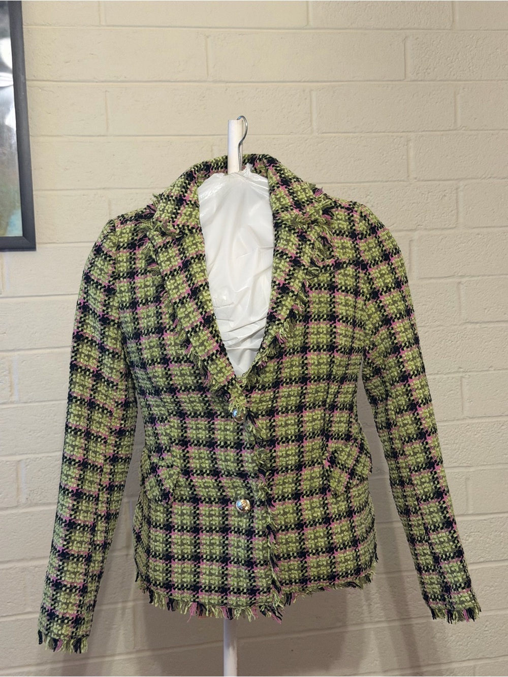 Walter Baker Lime Green Plaid Tweed Blazer with Fringe Trim